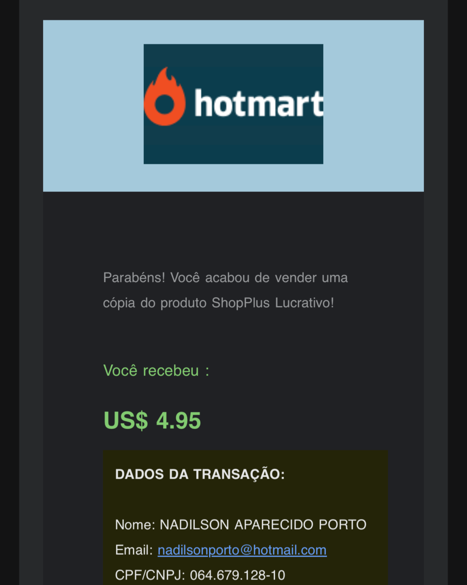 Notificação de venda Hotmart — prova 1