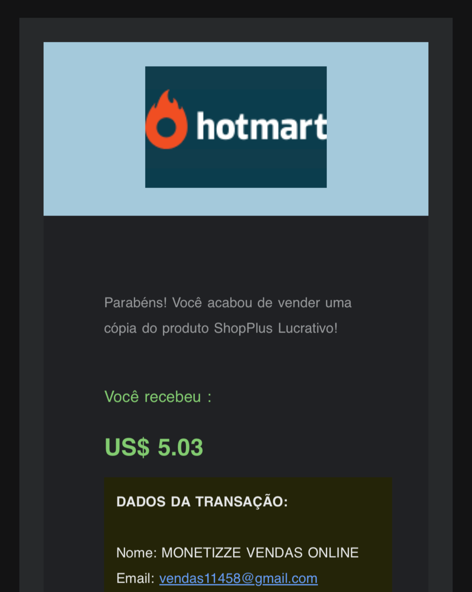 Notificação de venda Hotmart — prova 8