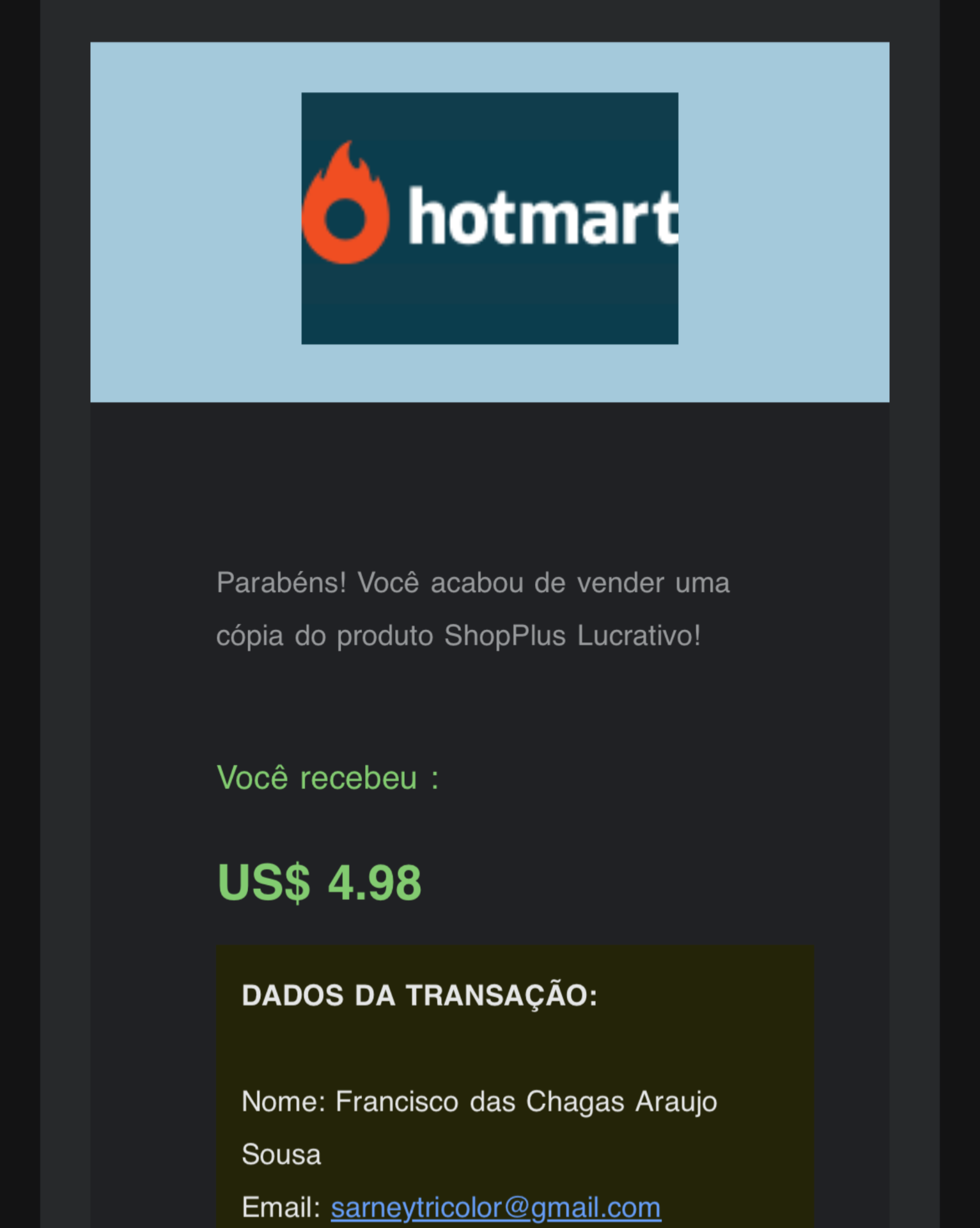 Notificação de venda Hotmart — prova 3
